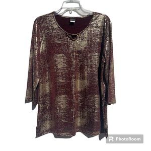 Salon Studio Women’s Large 3/4 Sleeves Metallic Gold Glittery‎ Maroon Blouse Top